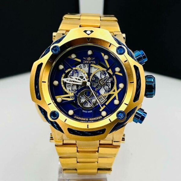 Relógio Invicta Dourado Com Mostrador Azul com Pulseira de Aço Inoxidável no Atacado e Dropshipping